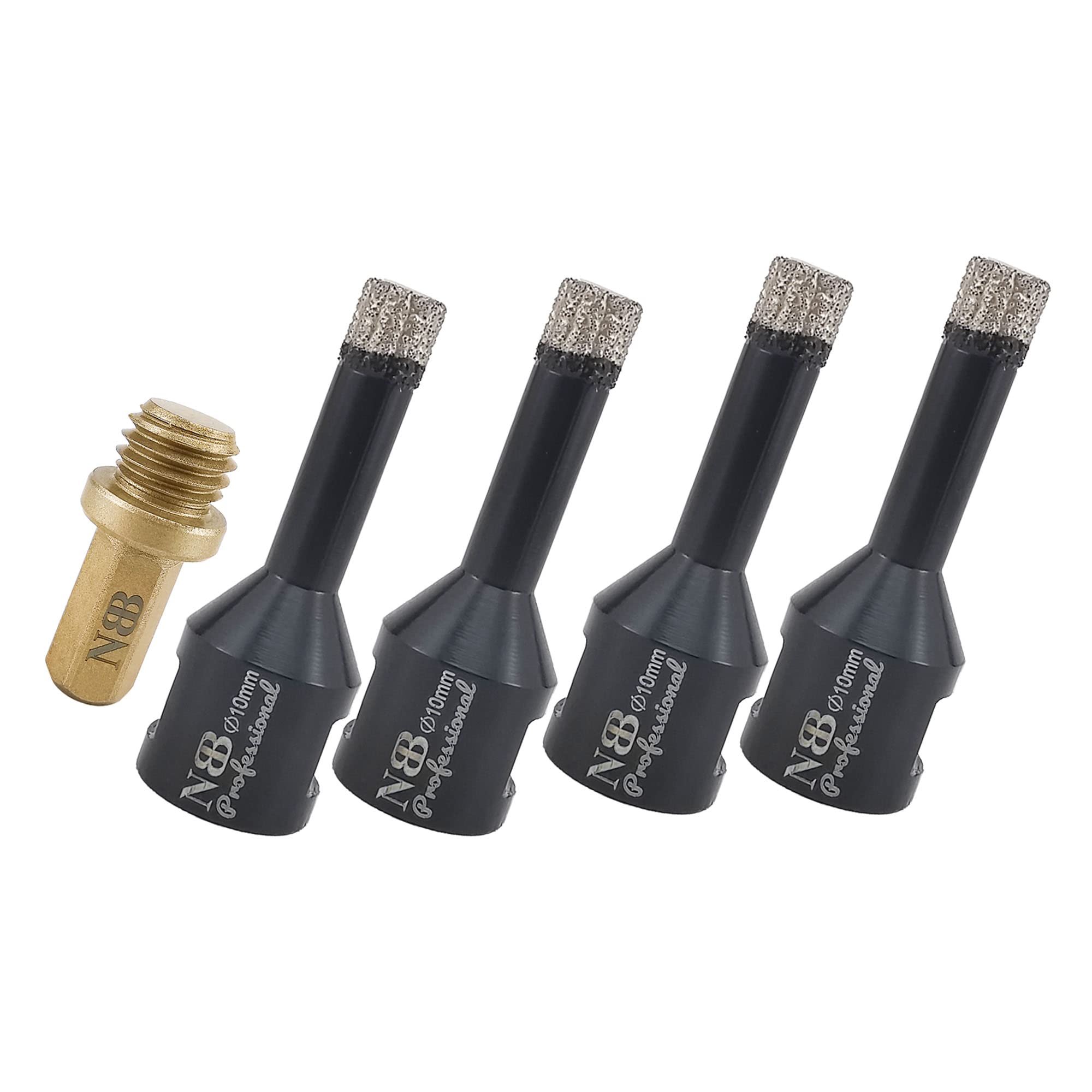 NBB Vacuum brazed Diamond Hole Saw with M14, for Dry or Wet Drilling Professionally on Hard Porcelain, Ceramic, Tile, Granite, Marble, Fast, Durable, for Angle Grinder (10mm x4pcs + 1pc Adaptor) — image 1