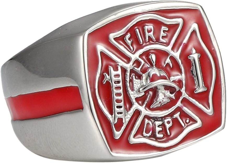 XBOMEN Mens Firefighter Fire Department FD Red Enamel Stainless Steel