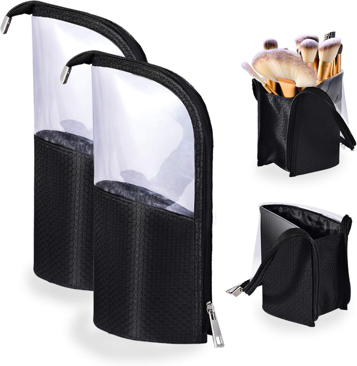 Travel Make-up Brush Cup Holder Organizer Bag 2-Pack, Pencil Pen Case for Desk, Clear Plastic Cosmetic Zipper Pouch, Portable Waterproof Dust-Free Stand-Up Small Toiletry Stationery Bag Divider, Black