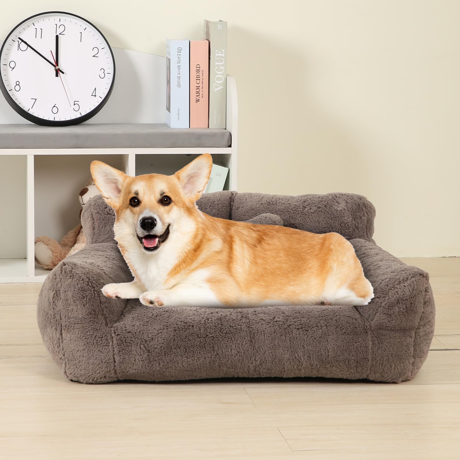 Photo 1 of BestRoyal Extra Wide Fluffy Cat Bed, Small Dog Bed with Bone Shaped Pillow, Anti-Anxiety Pet Couch with Washable Cover, Brown