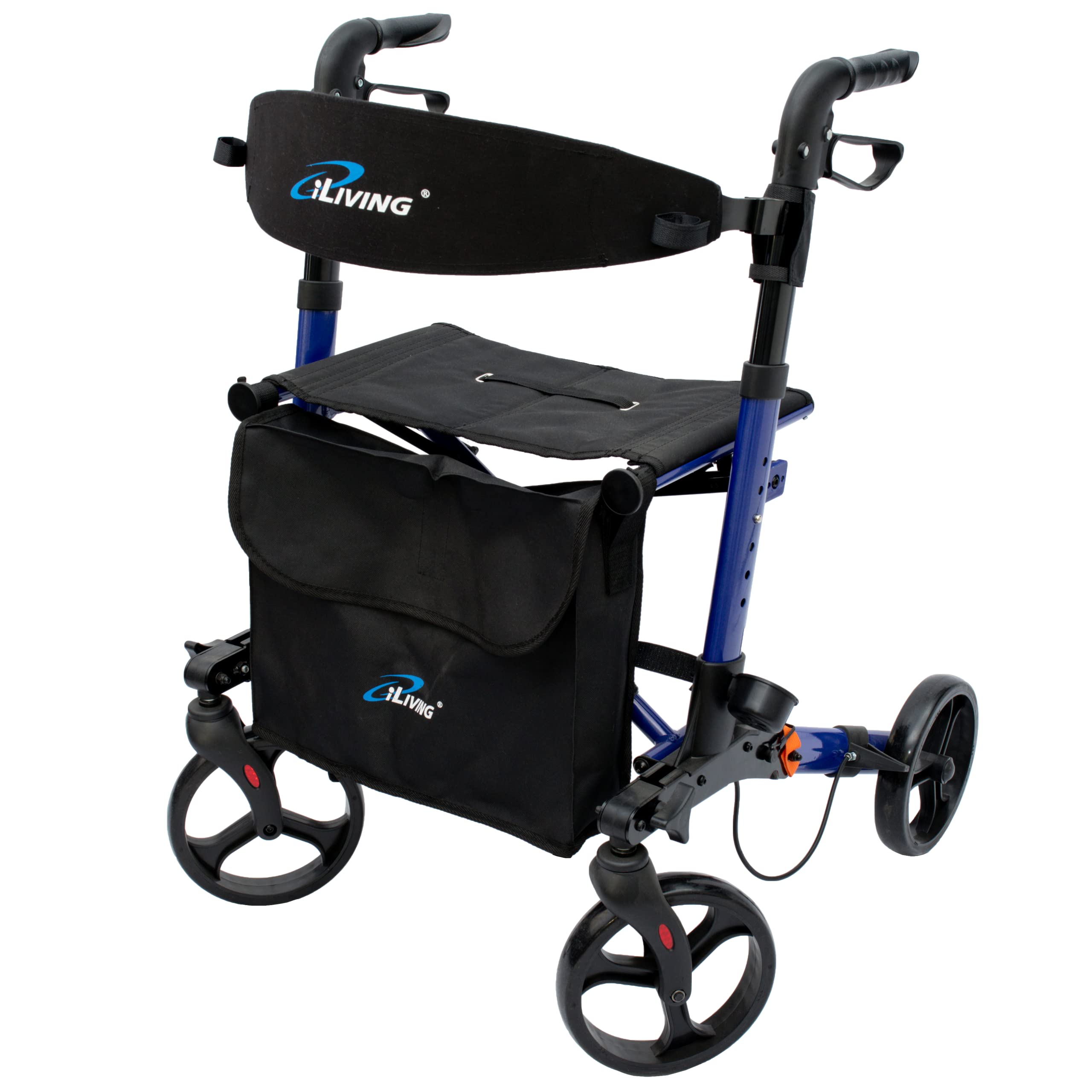 Photo 1 of iLIVING USA Foldable Upright Mobility Rollator, Light Weight Walker for Senior, Front Bag and Easy to Clean Seat and Back Rest, Dual Brakes with Parking Lock (ILG-622),Blue