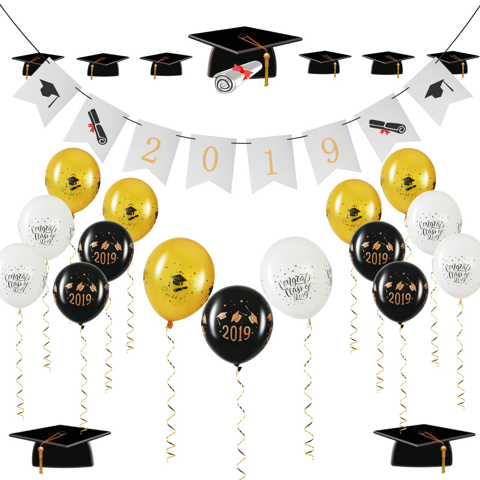 2019 Graduation Banner KATOOM Graduate Celebration Bunting Garland Grad Pennant Flags with 15 Pcs Latex Balloons for Graduation Party Decor Photo Props
