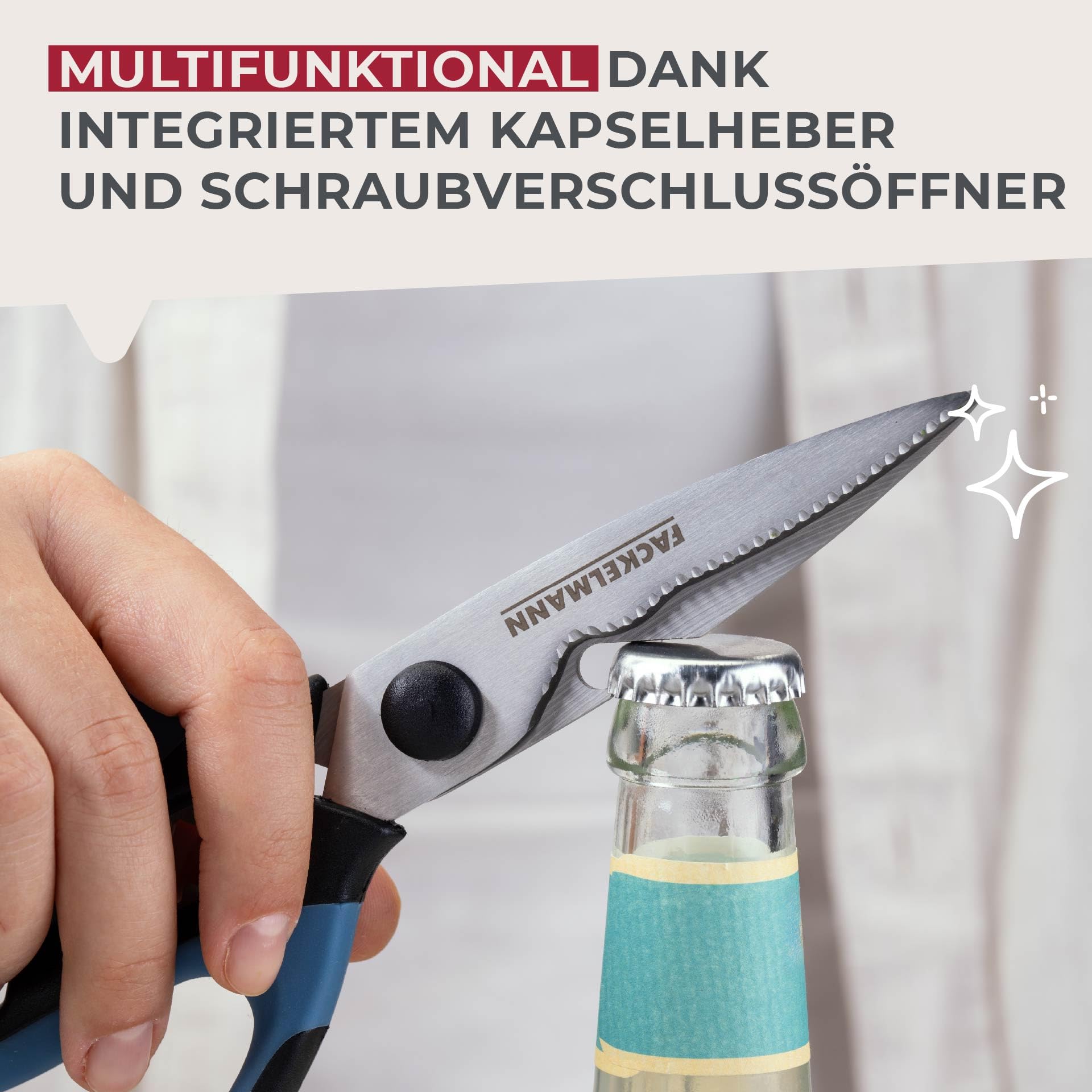 Fackelmann Softgriff-Universalschere – 21 cm, Multifunktionale Küchenschere mit Kapselheber und Schraubverschlussöffner, Reinigung per Hand, Blau 5