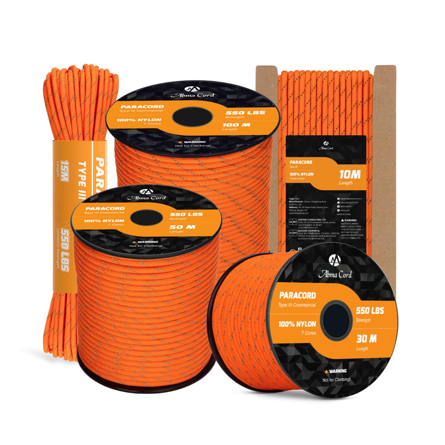 Abma Cord Paracord 550 4mm 50m 100% Nylon Rope Type III 7 Strands Parachute Cord for DIY, Camping, Survival, Outdoor - Max. 250kg - Reflective Orange