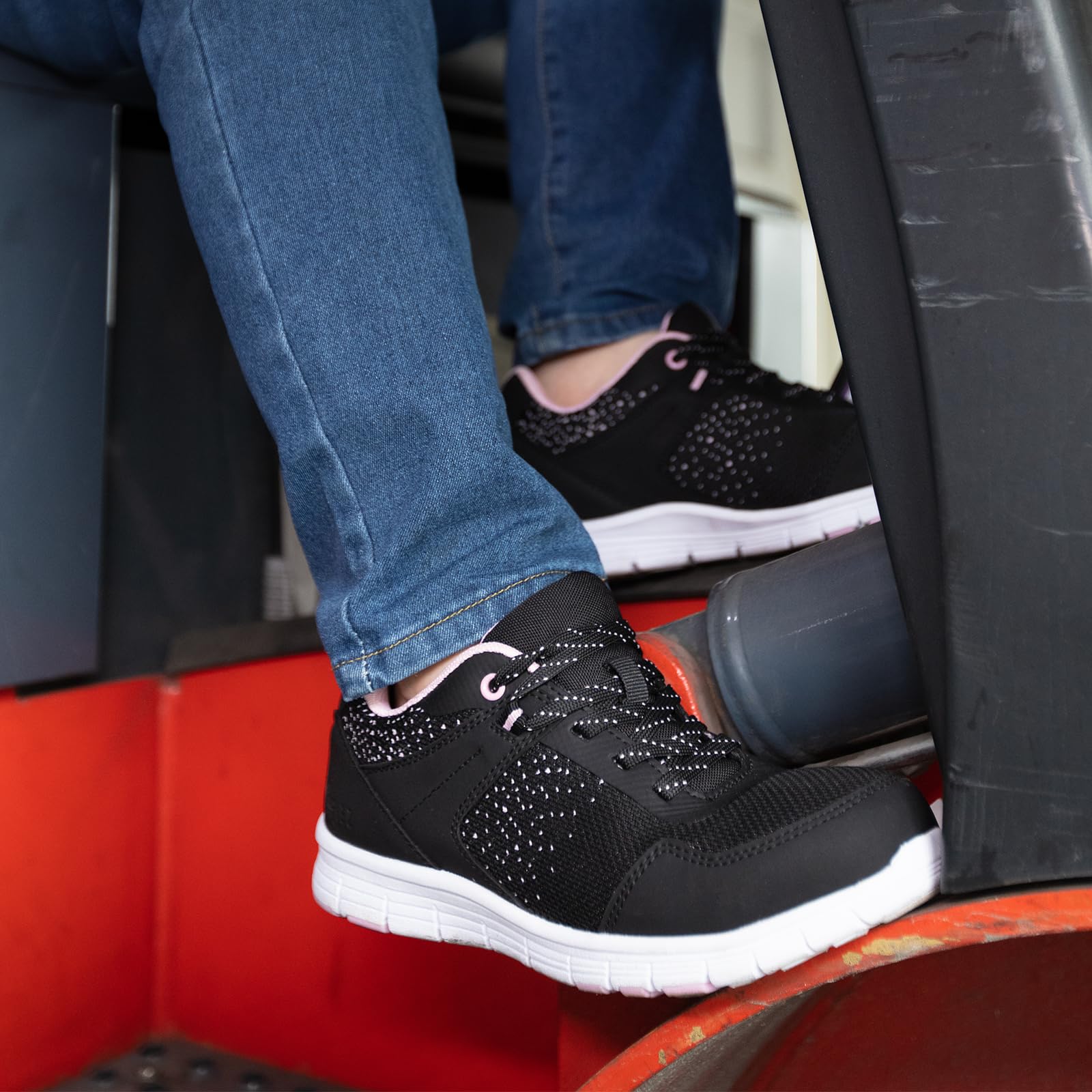 SPIEZ Leichte Arbeitsschuhe Damen Atmungsaktiv Pannensichere Sicherheitsschuhe für Damen, rutschfeste Modische Sneakers für die Arbeit und den Alltag (Schwarz-Rosa, EU 40) 8