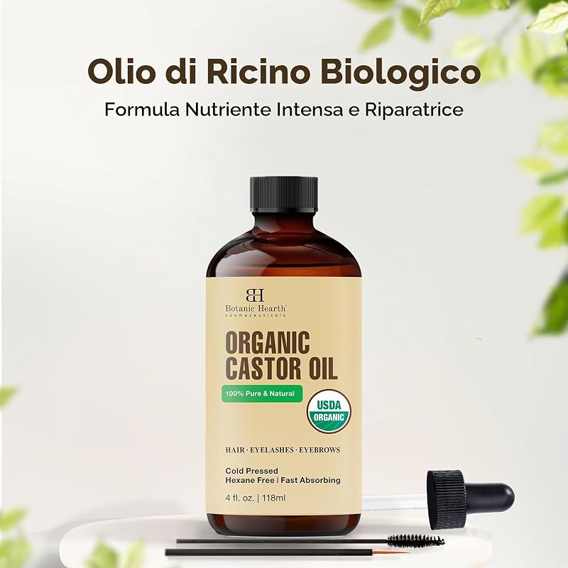 Olio di ricino biologico certificato USDA, 100% puro e senza esano, pressato a freddo, crescita per ciglia, sopracciglia, capelli, con pennello per sopracciglia e ciglia, 118,3 ml