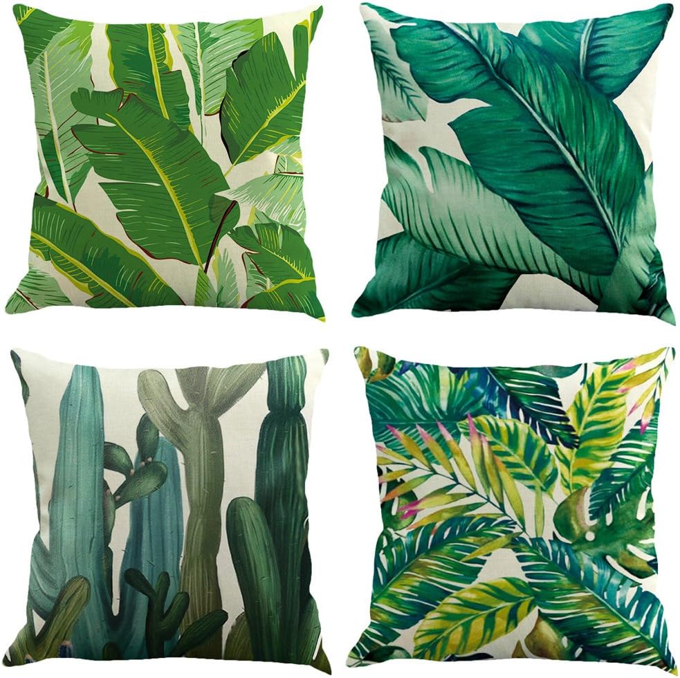 ocjemoTablecloths 4 pcs Novelty Tropical plant pattern Linen Pillowcase Sofa Home Decor Cushion Cover 45x45cm 18X18inch