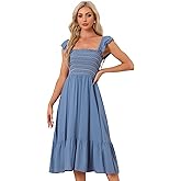 Allegra K Boho Midi Dress for Women's Square Neck Ruffle Tiered Flowy Smocked Sundress