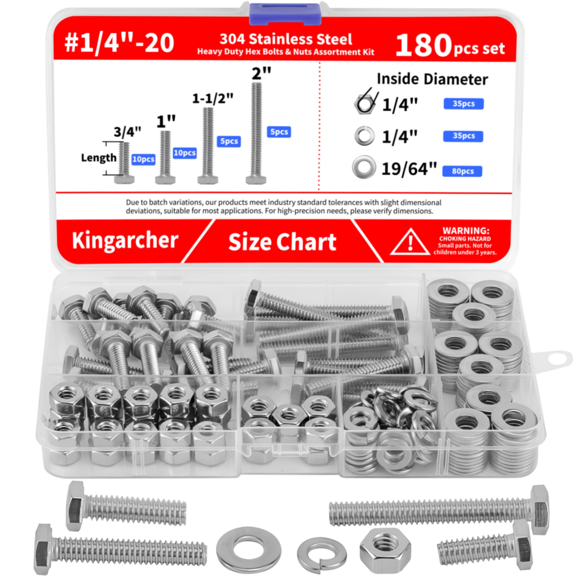 Photo 1 of 1/4”-20, 304 Stainless Steel Hex Head Nuts and Bolts Assortment Set 180 PCS, Lengths 3/4”, 1”, 1-1/2”, 2” – Heavy-Duty Hardware & Fastener Kit with Flat & Lock Washers, Bolt and Nut Assortment Kit