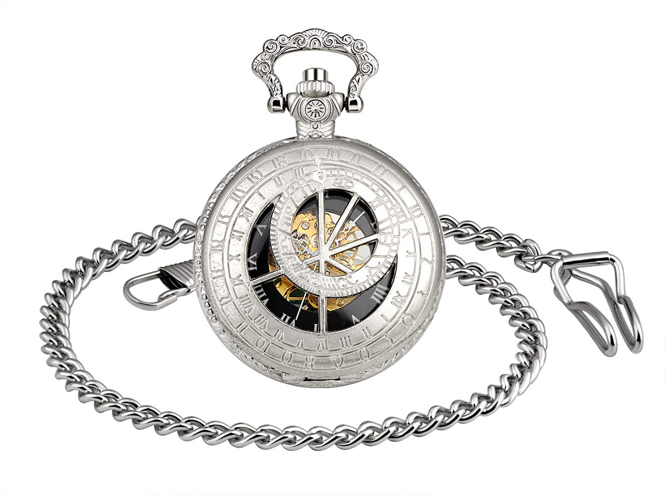 MICGIGI-Unisex Mechanical Hand-Wind Pocket Watch 12 Constellations Skeleton Pocket Fob Watches with Chain