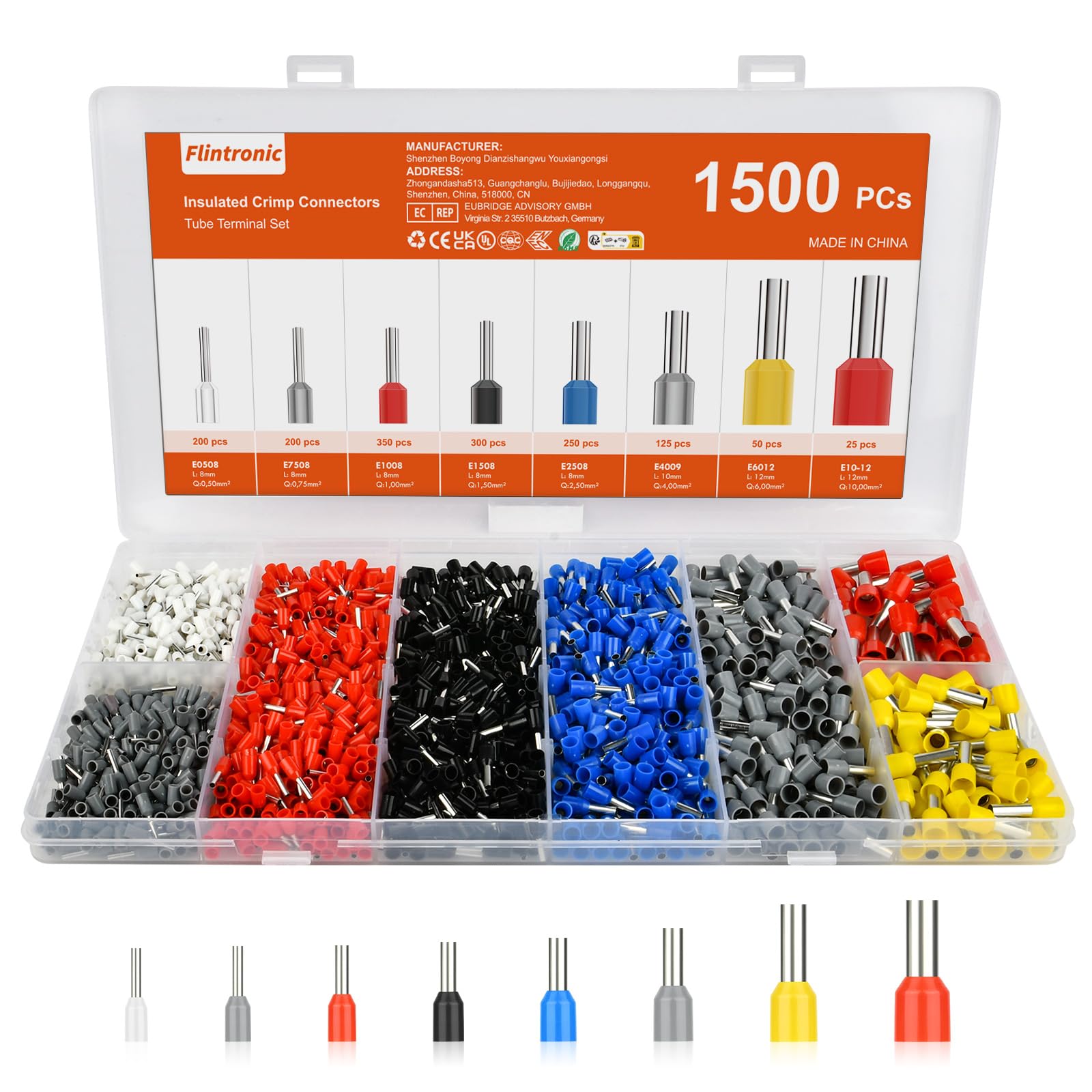flintronic 1500Pcs Wire Ferrules kit, Electrical Connectors, Wire Terminal Ferrules Crimp Connector, Insulated Cord Pin End Terminal Great Assortment Ferrules Kit with Portable Box — image 1