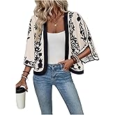 GORGLITTER Women's Floral Print 3/4 Sleeve Lightweight Cardigan Trendy Casual Boho Open Front Shrugs Cropped Cardigans Black and White Large
