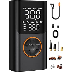 AIRSURE Tire Inflator Portable Air Compressor, Bike Pump with Gauge and USB Charging Output, 150PSI ...