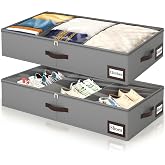 OIAHOMY 2 Pack 53L Under Bed Storage with Adjustable Dividers, 6" Low Profile Underbed Storage Bins for Comforters &amp; Clothes, Save Closet Space with Clear View Lid &amp; Reinforced Handles, Grey