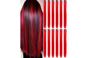 Olldag 12 PCS Red Hair Extensions Clip in, 22 Inch Colored Hair Extensions Party Highlights Long Straight Synthetic Hairpieces for Women Kids Girls Cosplay