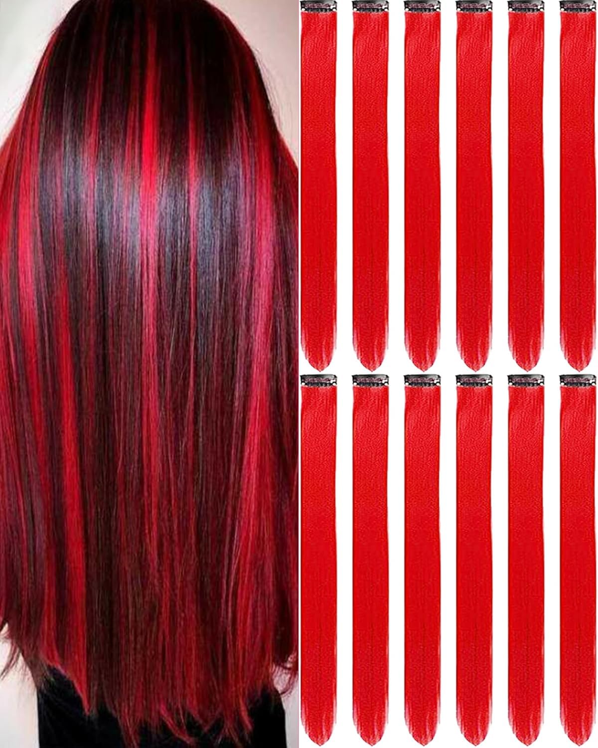 Photo 1 of Olldag 12 PCS Red Hair Extensions Clip in, 22 Inch Colored Hair Extensions Party Highlights Long Straight Synthetic Hairpieces for Women Kids Girls Cosplay