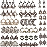 SUNNYCLUE 1 Box 64Pcs Assorted Chandelier Connector Charms Tibetan Style Antique Bronze Flower Dream Catcher Charm Earring Findings Loops Vintage Linking Connector Pendants for Jewelry Making