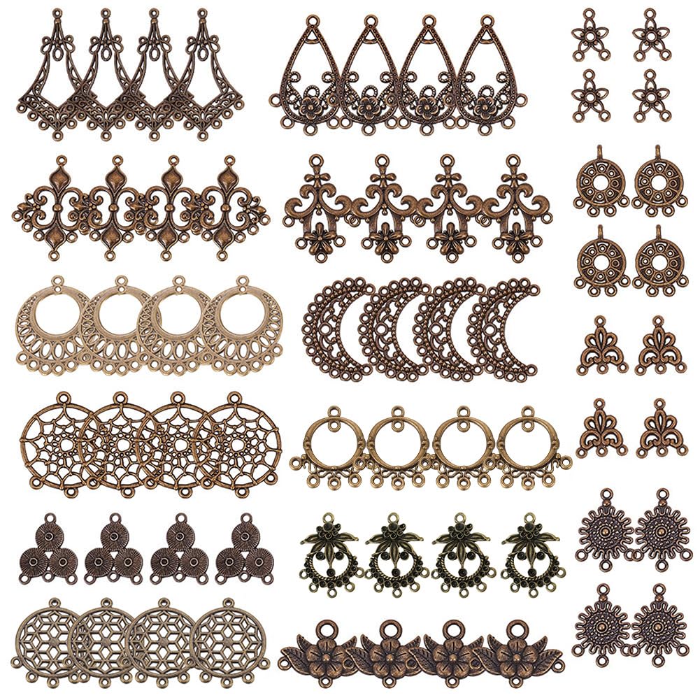 SUNNYCLUE 64pcs 16 Styles Tibetan Earring Chandelier Connector Charms Findings Loops Jewellery Making Kit for Earring Drop and Charm Pendant in Storage Box, Antique Bronze โ image 1