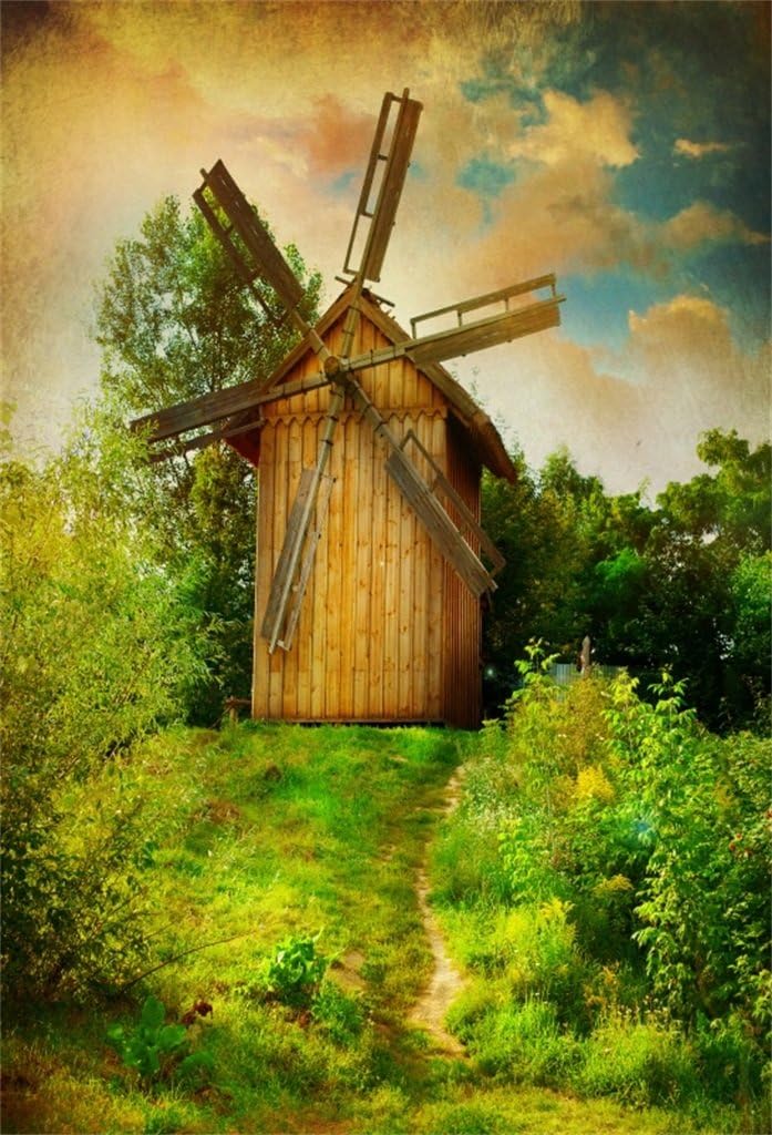 AOFOTO 7x10ft Dutch Windmill Wooden Garden Background Natural Tree Path Cartoon Child Newborn Baby Photography Backdrop Kid Adult Artistic Portrait Photo Studio Props Video Drape Wallpaper
