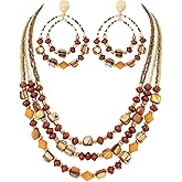Coiris Layered Shell Beaded Necklace Earrings Jewelry Sets for Women Colorful Handmade Statement Chunky Costume Boho Fall Necklaces Earrings Jewelry Sets for Women