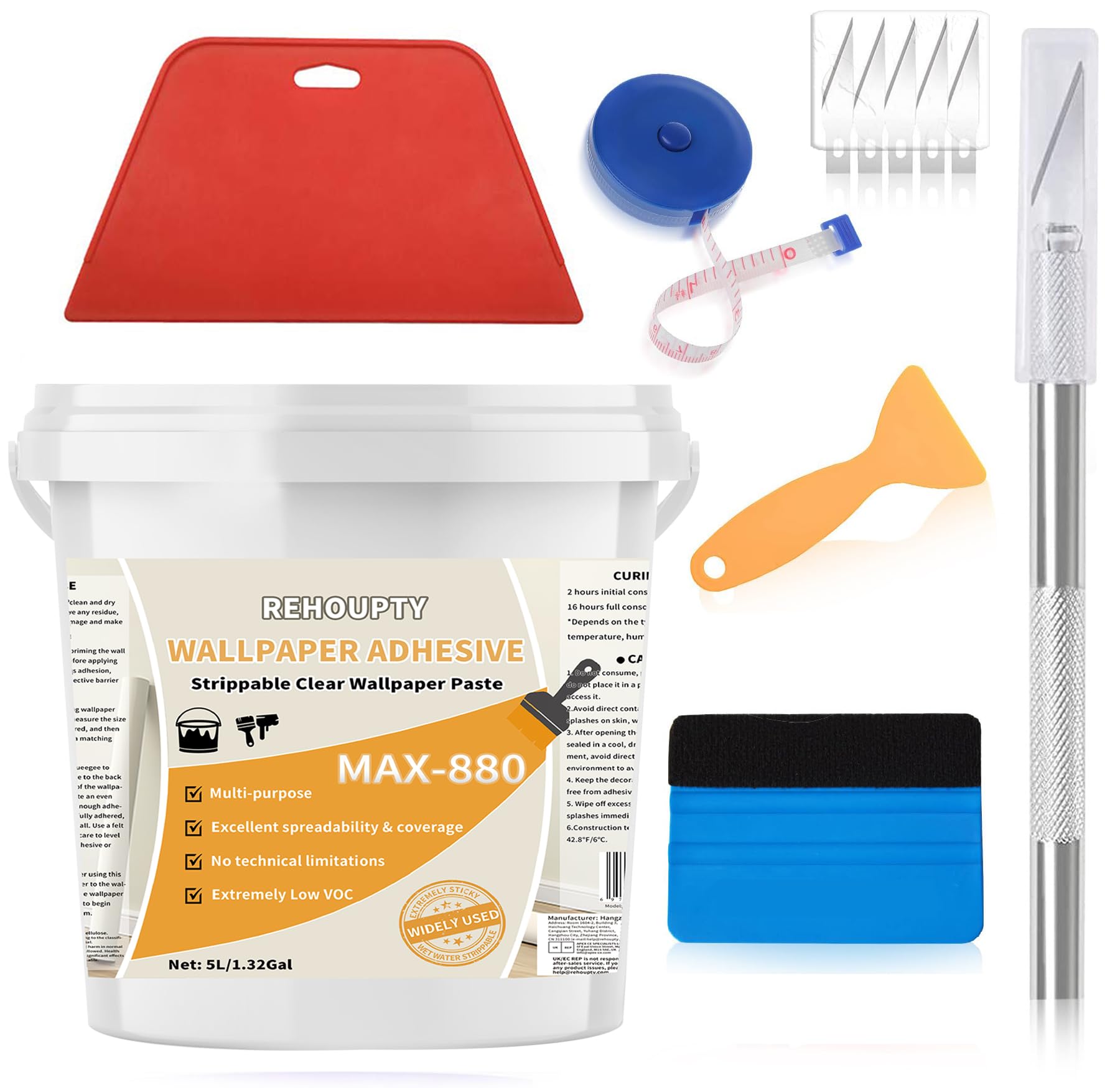 Photo 1 of REHOUPTY Wallpaper Adhesive 1.32Gal Tack Wall Paper Paste, Wall Paper Glue & Adhesive Wallpaper Smoothing Tools Kit, Clear Glue for Wallcovering Coverage of 500sq.ft. / 46?
