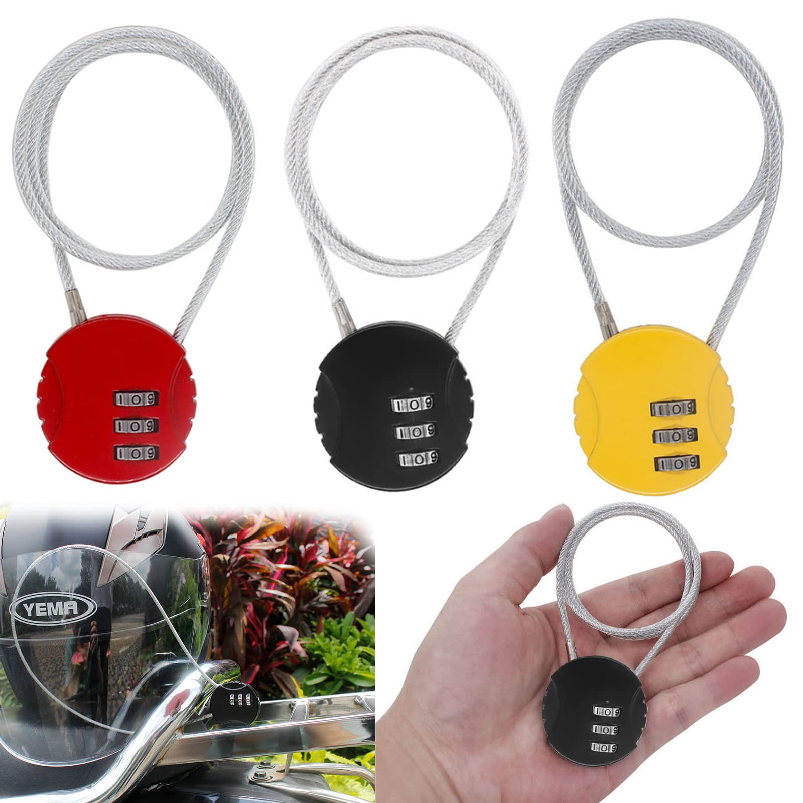 3 Pcs Helmet Cable Lock, Snowboard Lock, Secure Cable Lock, Small Padlock Outdoor for Bike Electric Bike Skateboards Strollers Lawnmowers and Other Outdoor Equipments(Black, Red, Yellow)