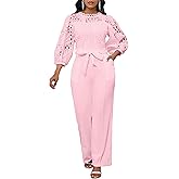 IWFEV Women's Jumpsuit Puff Sleeve Lace Jumpsuit Mid-Calf Short Sleeve Hollow Party Evening Romper with Pockets