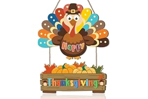 Aurlan Happy Thanksgiving Door Sign,Turkey Door Wreath,Autumn Maple Wall Decoration,Rustic Turkey Shape Wall Hanger,Thanksgiving Harvest Decoration,Fall Wood Plaque for Farmhouse Room Party Porch Home