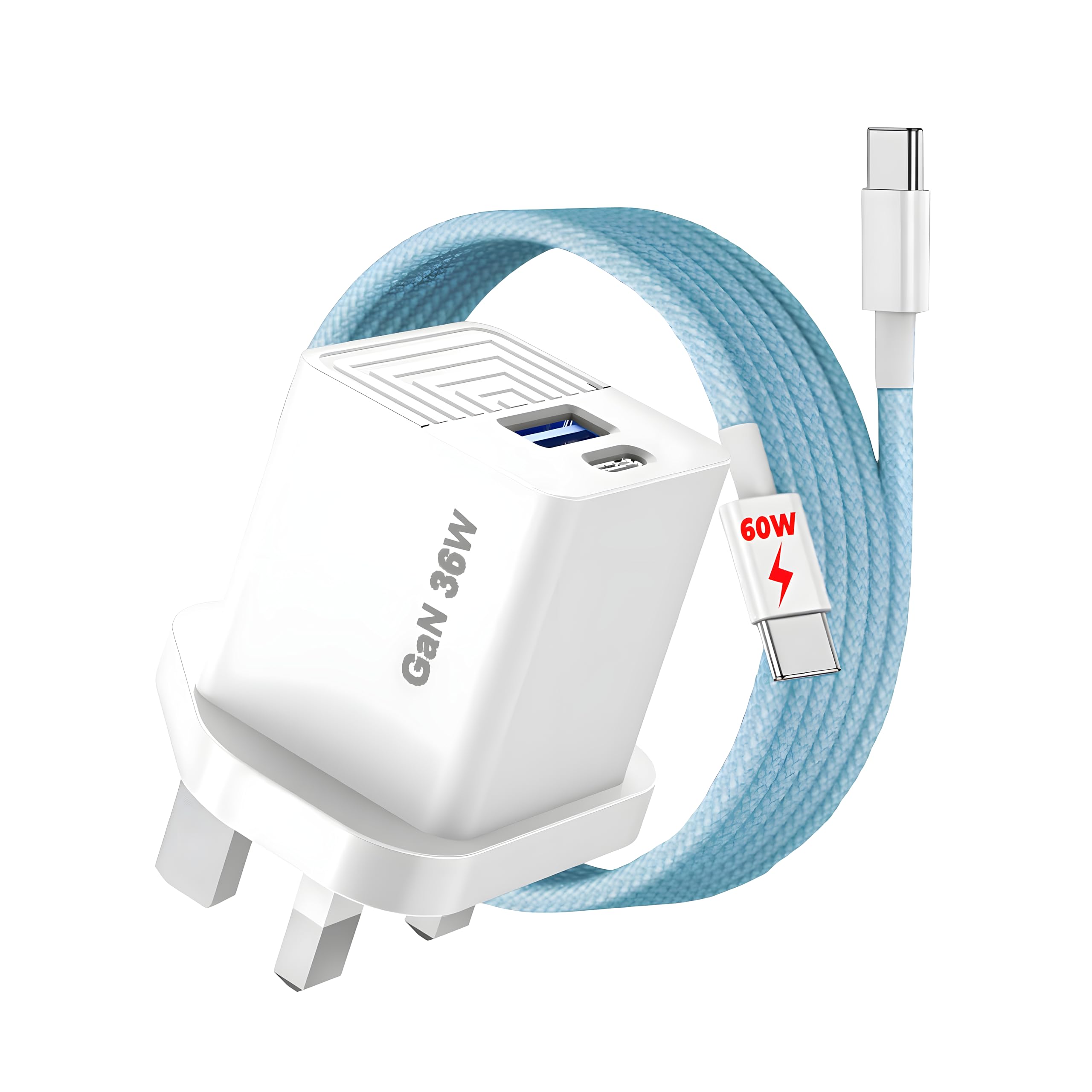 (36W) For iPhone 17e/17 Charge Plug 36W GaN USB C/A UK Mains Charger Plug 60W USB C Cable iPhone 17 ProMax/16 ProMax/15 ProMax iPad Type C To C Fast Changing Cable MFi Specs Dual Port UK Wall Adapter