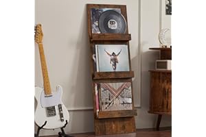 LELELINKY Wall-Leaning Vinyl Record Holder with 3 Tier Display Shelf, 47.5'' Tall Record Storage Magazine Holder, Vinlys Stand Holder Holds Up to 15 Vinyls Albums/CD for Living Room, Brown
