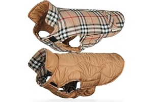 VIVAGLORY Softjoy Dog Coat, Dog Jacket for Winter & Christmas, Coat with Harness Hole & Velcro Closure, Reversible Plaid Checkered Warm Fluffy Heavy Duty for Puppy, S, Khaki