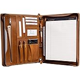 Gavarnie Genuine Leather Professioal Business Portfolio Padfolio Folder with Zipper for Men and Women,Work Portfolio for Letter Size Notepad, for Meeting and Travel, Brown