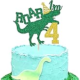 Dinosaur 4 Rex Happy Birthday Cake Topper, Green Glitter T-Rex 4th Birthday Cake Toppers - Suitable for Birthday Party and Dinosaur Themed Parties Cake Decorations for Boys