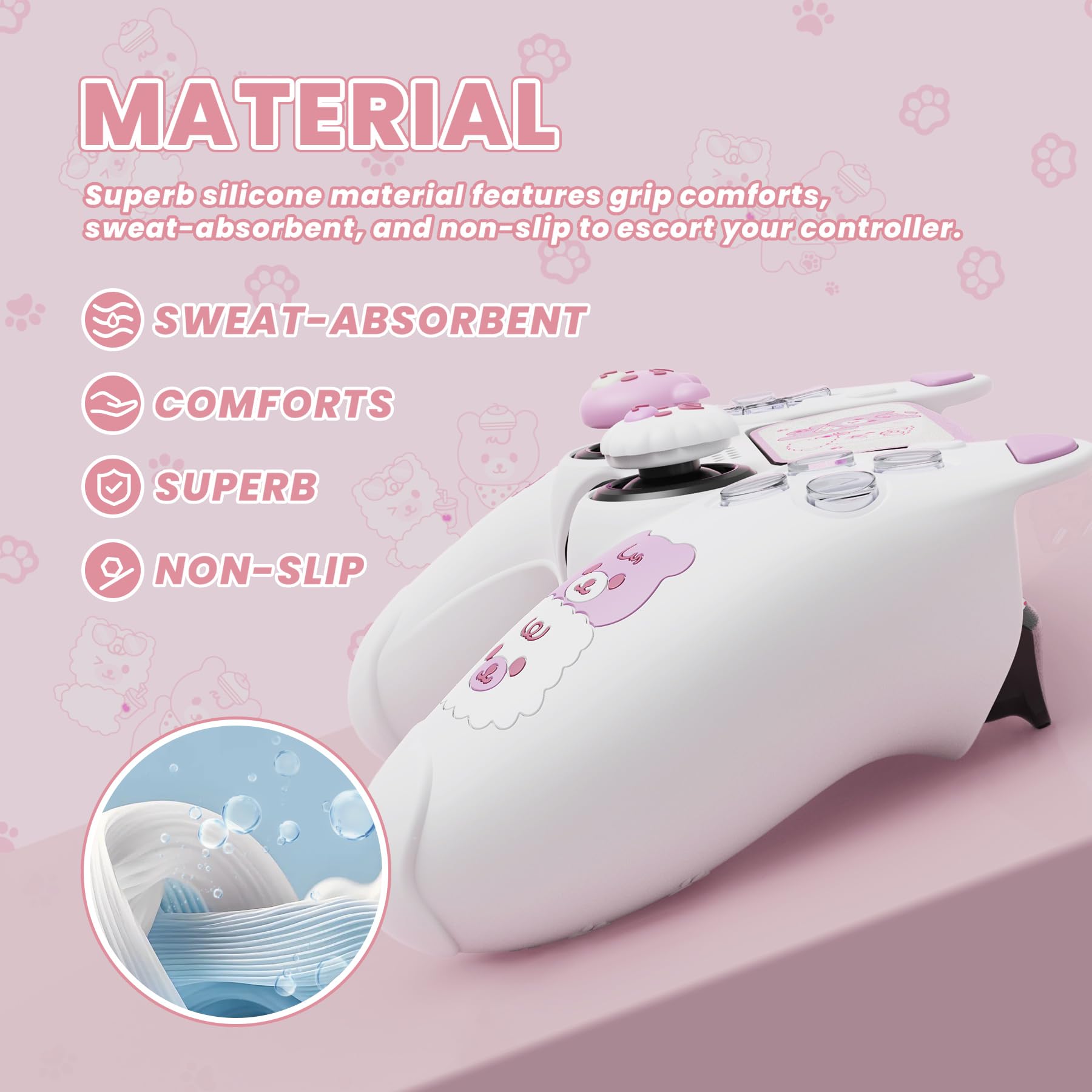 PlayVital Cute Bear Controller Silicone Case for ps5, Kawaii Controller Cover Compatible with Charging Station, Gamepad Skin Protector for ps5 with Touch Pad Sticker & Thumb Grips - White & Pink