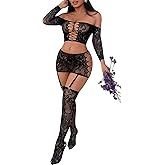 RSLOVE Lingerie Sets for Women Sexy - Fishnet BabyDoll Garter Mini Skirt Bodystocking Mesh Bodysuit Outfits Nightwear