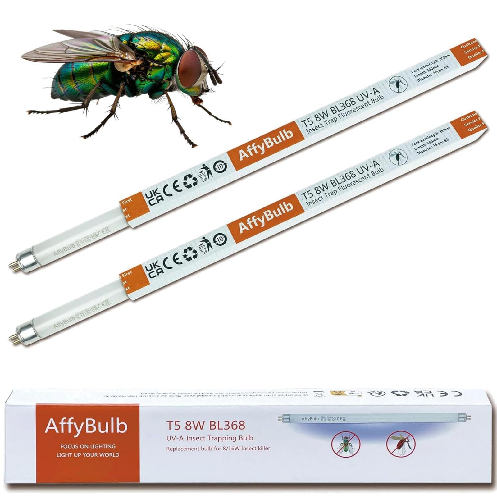 AffyBulb FSL OEM T5 8W Fly Killer Bulbs 2 Pack, 12" UV BL368 Replacement Tube for 16W Insect Killer/Bug Zapper