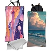 Cabreche 2 PCS Glasses Case Eyeglass Sunglasses Pouch Squeeze Portable Bag Soft Leather with Cleaning Cloth Women Men Girls