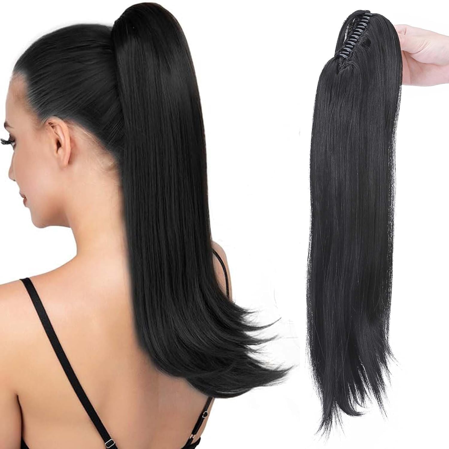 22" Ponytail Extension Long Curly Ponytail Hairpiece Clip in Claw Hair Extensions Natural Looking for Women Dark Black