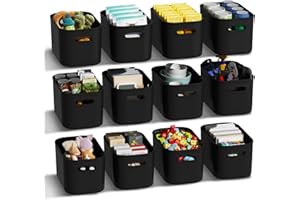 ORGIDOL 12 Pack Black Plastic Storage Bins, Storage Container for Organizing, Storage Boxes with Handle for Shelves, Cute Organizer Bins for Craft, Snacks, Pantry, Cabinet, 9.69x6.7x5.7 inch