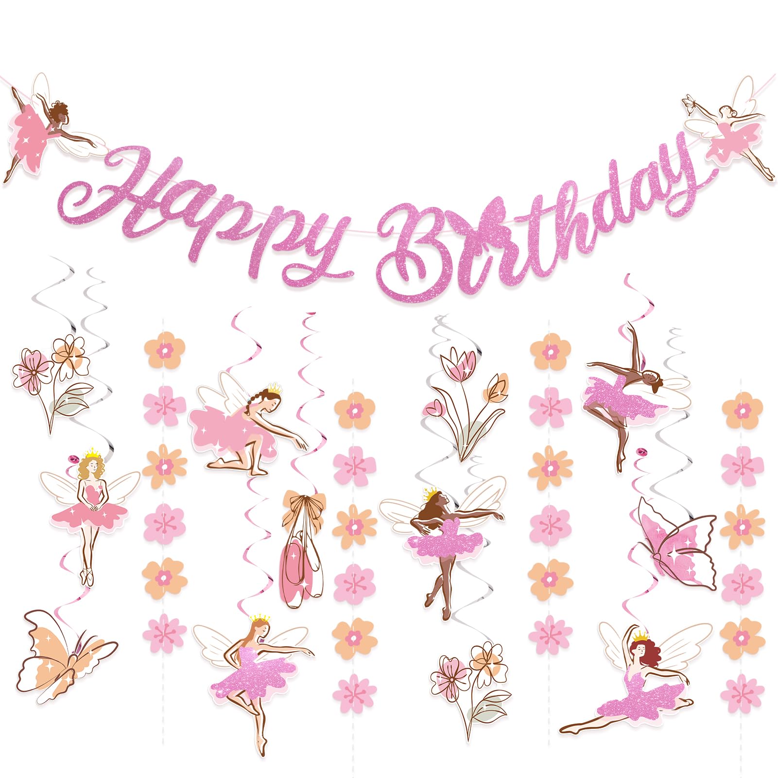 SUNBEAUTY Pink Princess Birthday Decorations Purple Glitter Birthday Banner Coquette Ballet Dancing Party Decor with Ballerina Flowers Hanging Swirls for Girls Tutu Ballet Birthday Party Decor