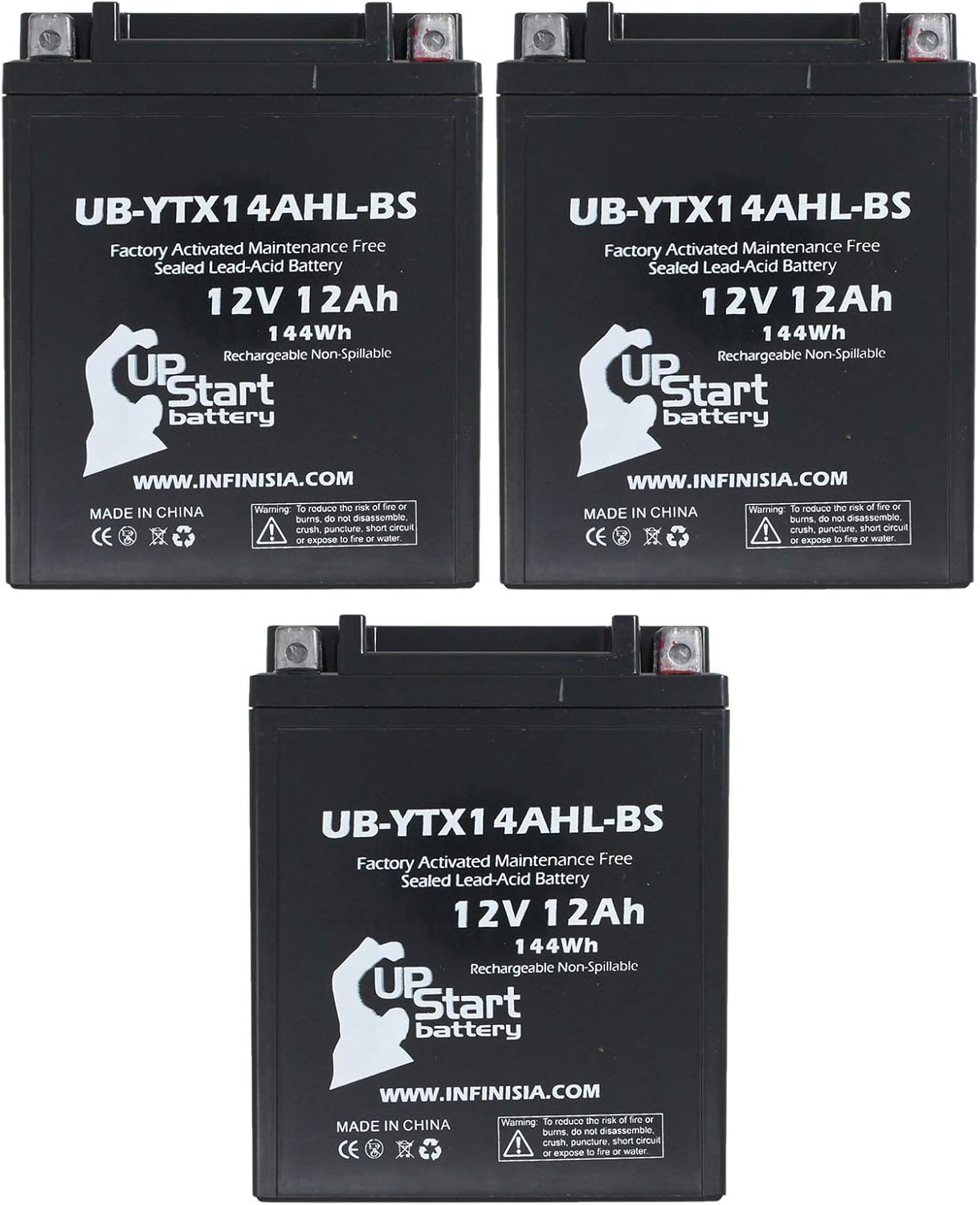 3-Pack UB-YTX14AHL-BS Battery Replacement for 1999 Arctic Cat Tiger Shark 640 CC Personal Watercraft - Factory Activated, Maintenance Free, Motorcycle Battery - 12V, 12AH, UpStart Battery Brand