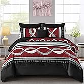 Anibedding Burgundy Comforter Set Queen Size, 8 Pieces Striped Bed in a Bag, Patchwork Comforter with Sheets Set Soft Microfiber Boho Bedding Sets(90"×90")