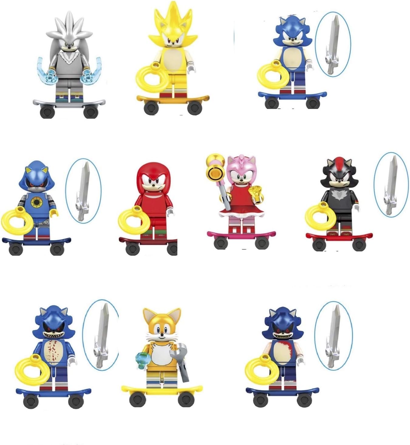 10 pcs - Sonic The Hedgehog Figures Building Blocks ( Sonic, Amy Rose, Shadow, Metal Sonic, Nakkurusu, Silver, Teirusu, Super Sonic ) - fit LEGO
