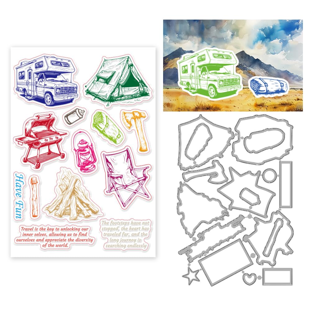 INFUNLY Camping Stamp and Die for Card Making A4 Size Tent Rubber Stamps Colorful Touring Car Clear Stamps Outdoor Travel Words Phrases Clear Stamps DIY Die Cuts for Scrapbooking Photo Album Decor