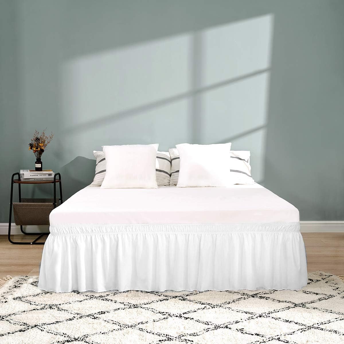 RIMELA Bed Skirt Wrap Around Elastic Dust Ruffle Solid Color Wrinkle and Fade Resistant with Adjustable Elastic Belt Easy to Install White for Queen Size 15 Inch Drop: Kitchen & Dining