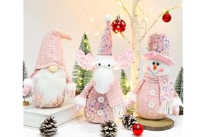 HMASYO 3 Pcs Pink Christmas Gnome Snowman Moose Figurine Ornaments Set, Handmade Christmas Gnomes Plush Decor for Christmas Table Shelf Fireplace Winter Layered Tray Home Party Decorations