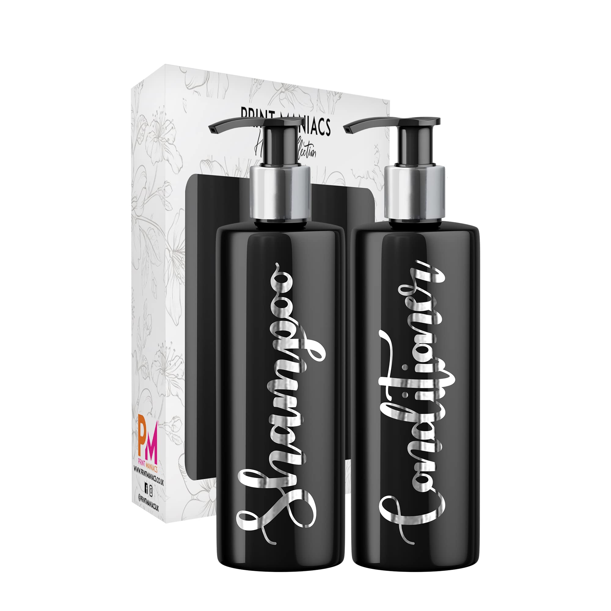 Print Maniacs 2 Set Mrs Hinch Inspired Black Personalised Dispenser Pump Bottles Shampoo Conditioner (Silver)