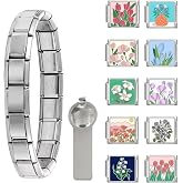 papasgix Italian Charm Bracelet Silver Gold Set with Starter Brascelet, Flowers Assorted Charms and Opening Tools, 9mm Modular Italian Charm Bracelet Links Handmade DIY Jewelry