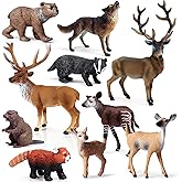 SCAHOW Forest Animal Toys Figures, 10PCS Plastic Woodland Animal Figurines for Cake Topper, Realistic Miniature Wild Creature Toys Set with Elk Deer Wolf Bear etc
