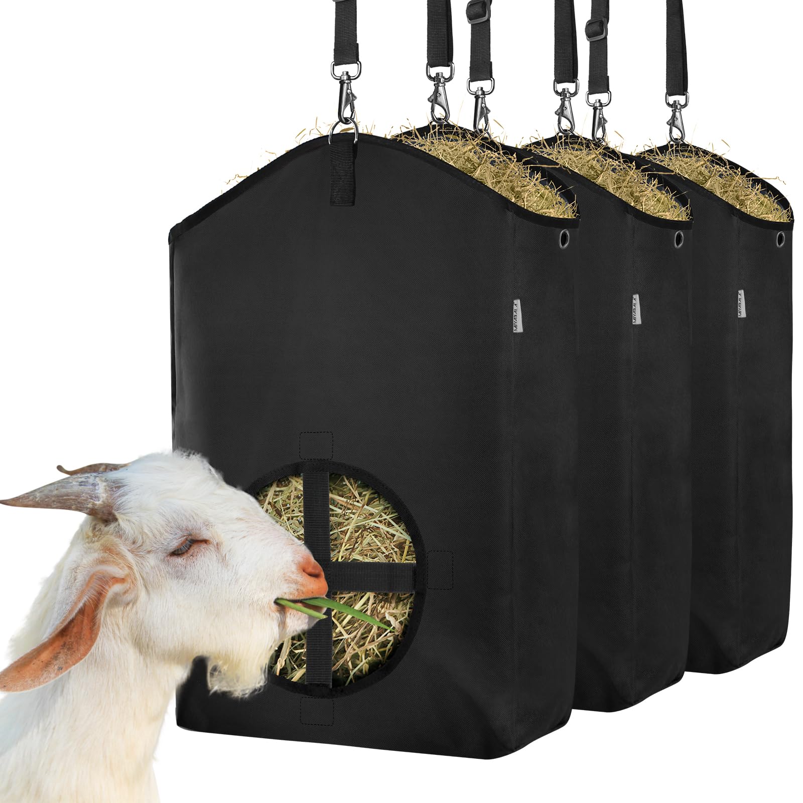Photo 1 of MIYABALA 3 Packs Goat Hay Feeder,Hay Bags for Goats,Horses,Sheep,Premium 600D Oxford Cloth,with Metal Fastener and Adjustable Open Feed Hole for Slow Feeding. (3 Black)